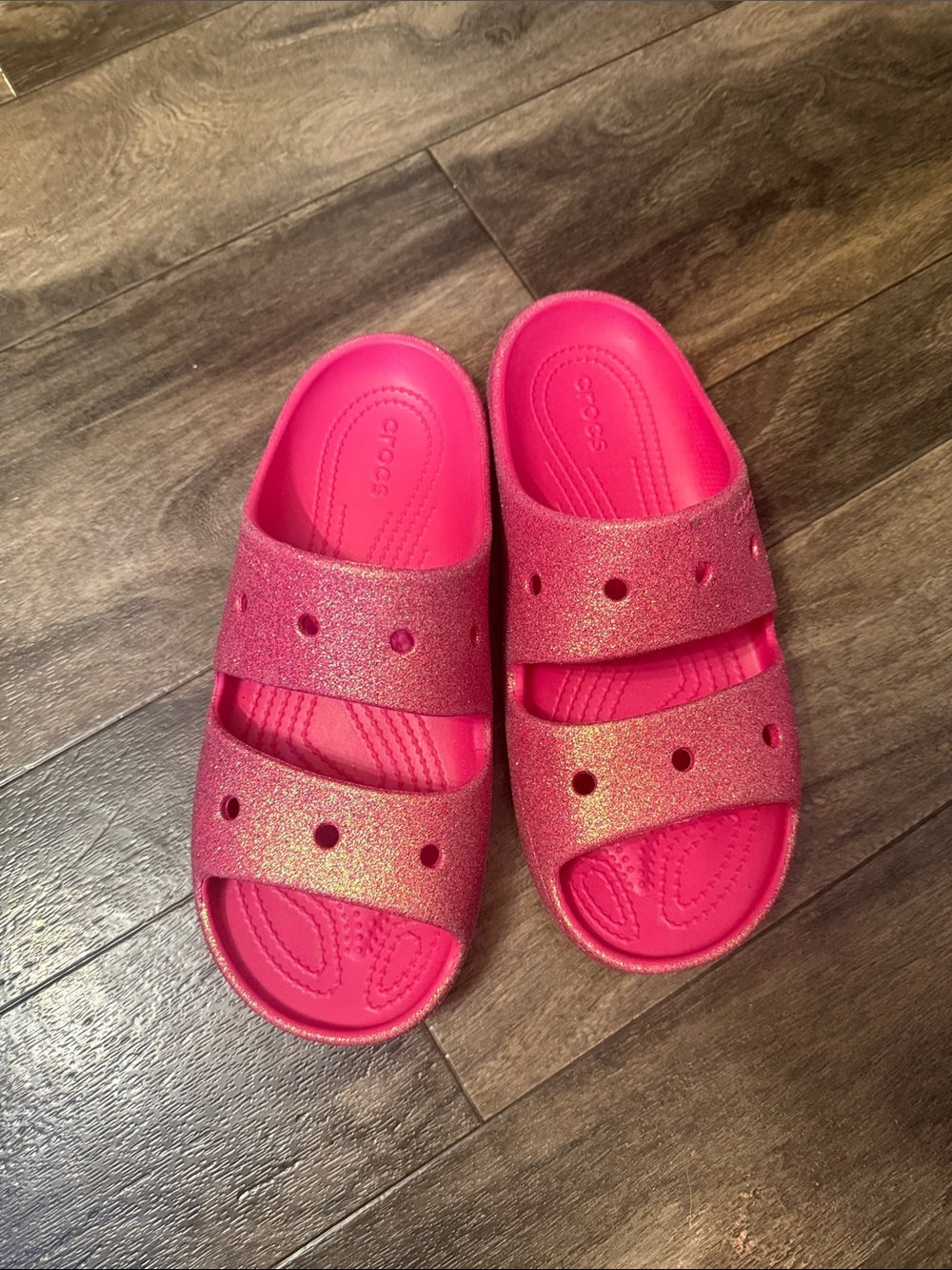 CROCS Kids' Glitter Double Strap Slides in Bright Pink